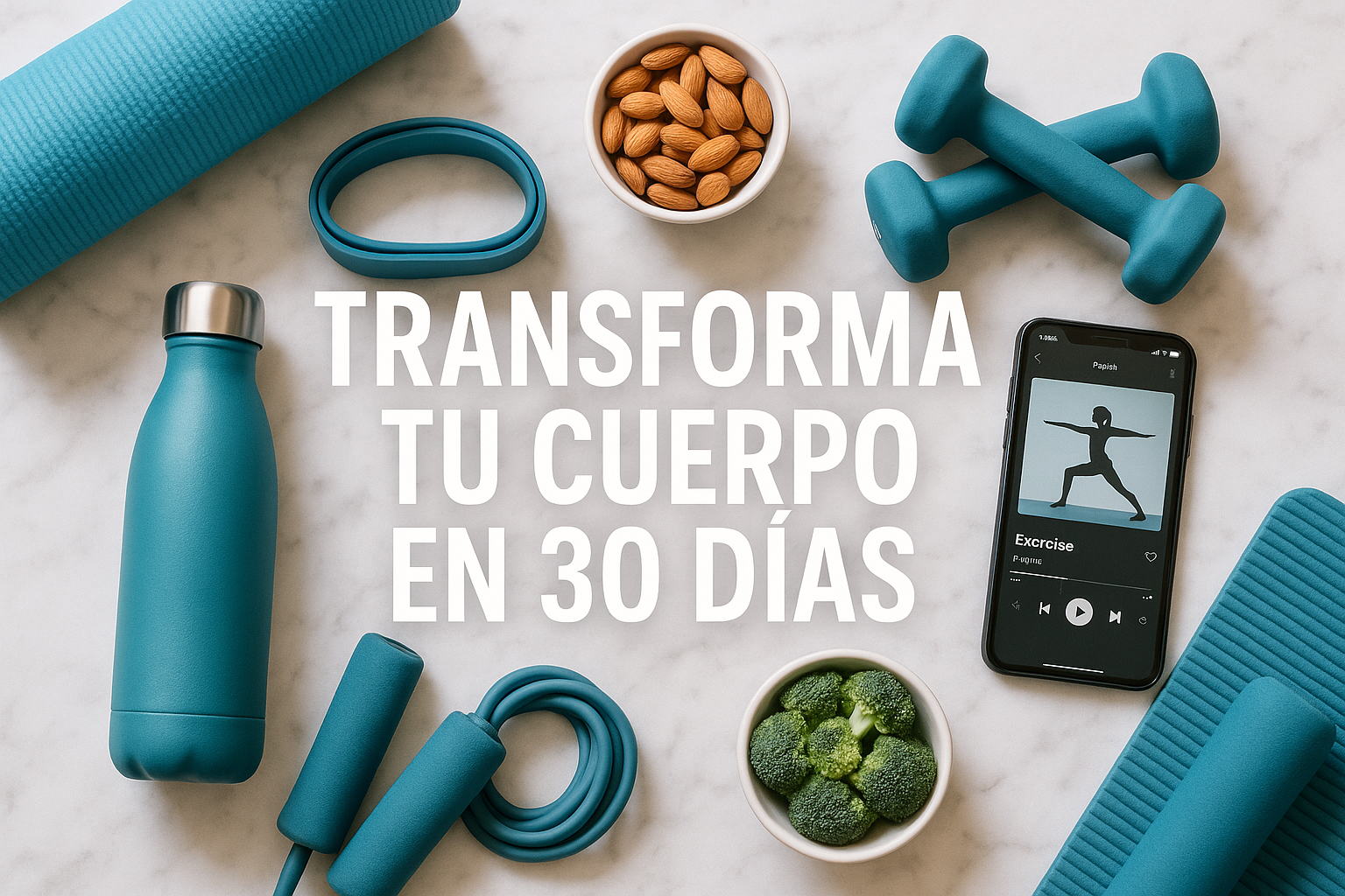 Flat lay con texto "Transforma Tu Cuerpo en 30 Días"